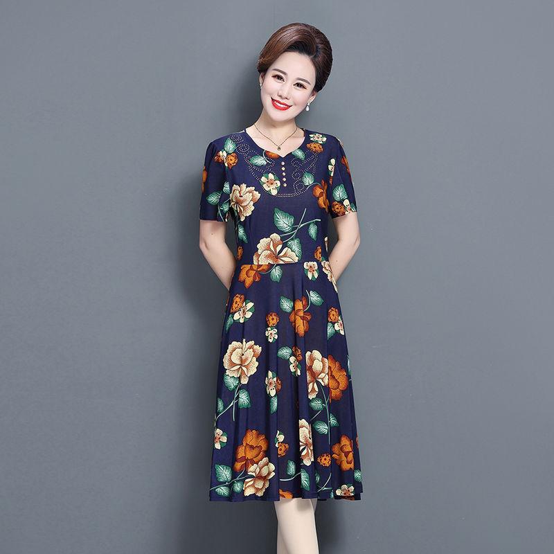 Plus Size XL-XXXXXL  Women Summer Mid-length Printed Mom A-line Skirt  Over-the-knee Dress Short Sleeve