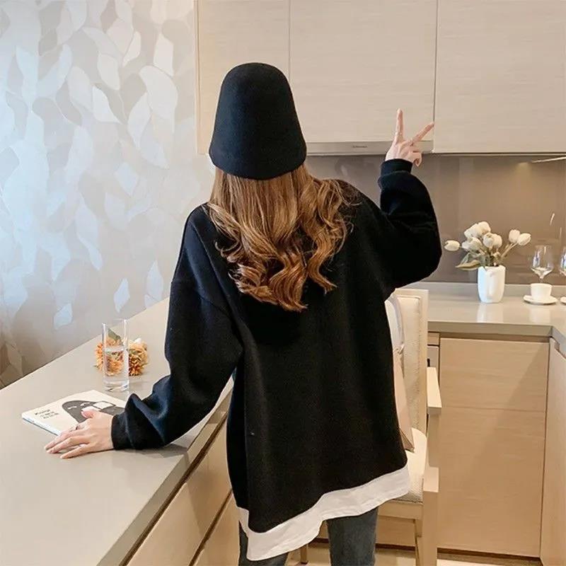 Fake Two-piece Round Collar Tops Women's Autumn Loose Long Sleeve Coats Large Size Versatile Pullover