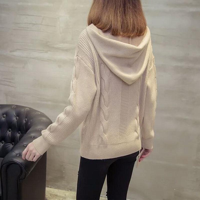Sweater Women Autumn Winter V-Neck Solid Color Hooded Sweater Solid Color Pullover Knitted Sweater