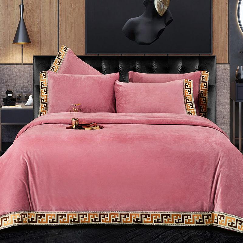 4pcs/set High-end Coral Velvet Bed Sheet Winter Thick Warmth Quilt Cover Solid Color Soft Pillowcase