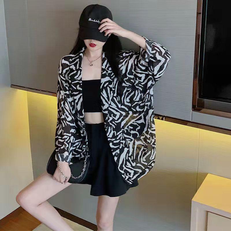 Women's Zebra-print Suit Jacket Summer Thin Loose Mid-length Temperament Chiffon Suit Korean Version of The Sunscreen Top Blazer Outwear Coat