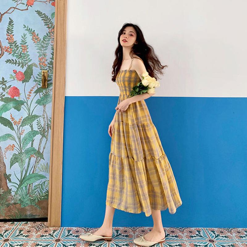 Plaid Chiffon Suspender Skirt Dress Female Summer Long French Style Over-the-knee Retro Fashion Dress
