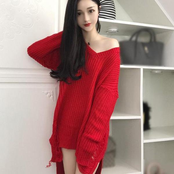 Spring and Autumn Sexy Mid-length Sweater V-neck Pullover Irregular Top Loose Hole Knit Sweater Dress