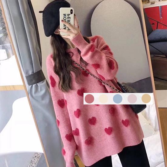 Women Knitwear Crew Neck Loose Simple Color Cherry Heart Print Sweater Pullover Jumper Top