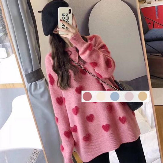 Women Knitwear Crew Neck Loose Simple Color Cherry Heart Print Sweater Pullover Jumper Top