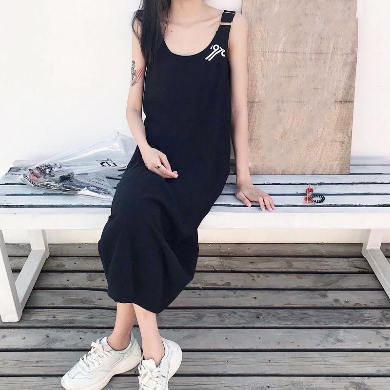 Hip-hop Summer Sexy Girl Suspender Long Skirt Strap Dress Loose Over The Knee L-XXXL Solid Color Sleeveless Straight Dress