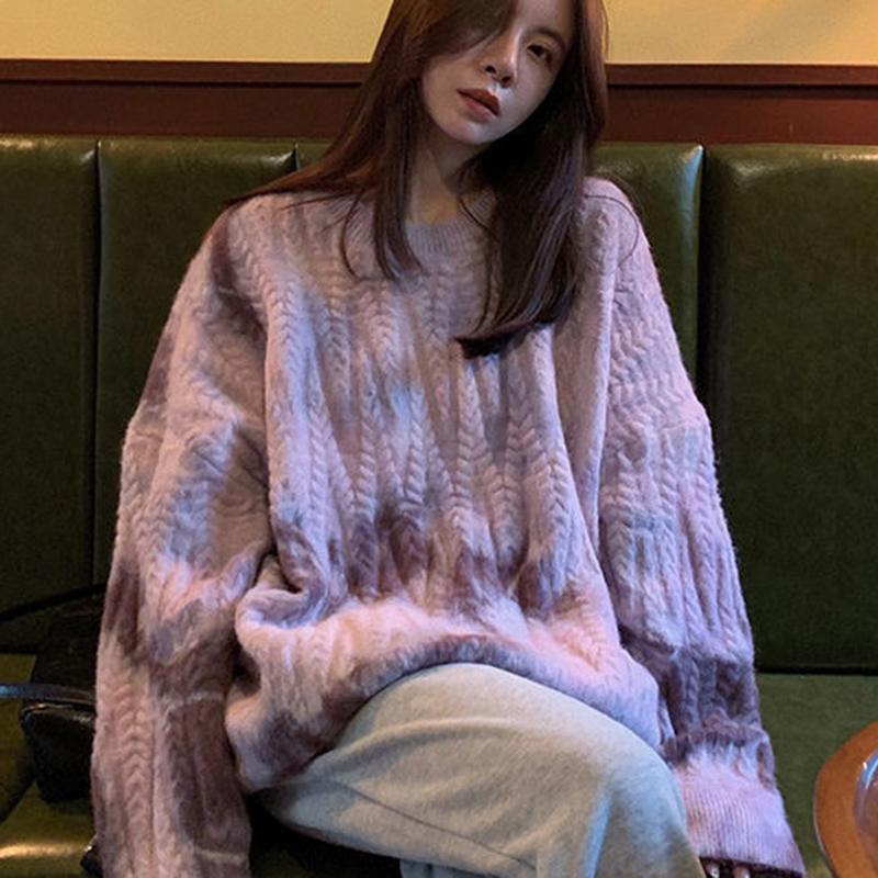 Tie-dye Sweater Women Autumn  Winter Wear Long-sleeved Loose Retro Twist Pullover Sweater Thick Top