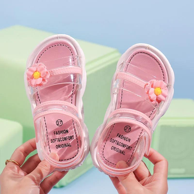 Girl's Flower Velcro Soft Soled Single Breathable Cool Shoes Girls' Non Slip Hollow Out Light Princess Shoes