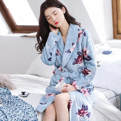 Women's Autumn Winter Coral Fleece Nightgown Mid-length Flannel Bathrobe Solid Color Printing Pocket Belted Dressing Gown Long Sleeves Thick Warm Robe