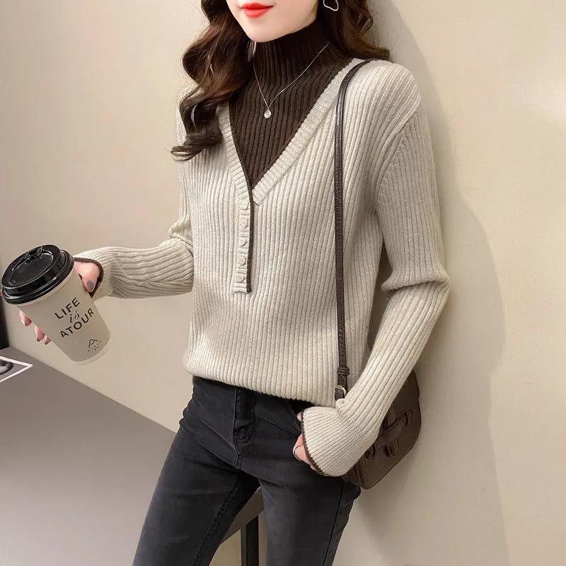 Autumn and Winter Women's Half Turtleneck Sweater Fake Two Pieces Stitching Loose Knit Sweater Fashion Loose Large Size Pullover