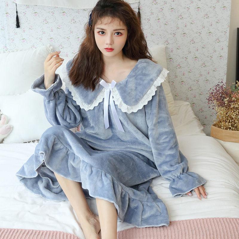 Flannel Nightdress Women Thick Coral Fleece Pajamas Women Long Sleeves Sweet and Cute Princess Style Large Size Loose Home Service