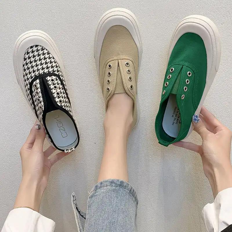 Women's Big Toe Canvas Shoes Summer Thin One-step Houndstooth Single Shoe Sneakers
