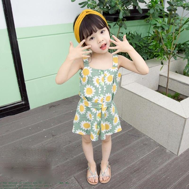 2PCS Children Clothing Set Spring Summer Sling Girls Suits Printing Sleeveless Tops + Skirt Clothing Set