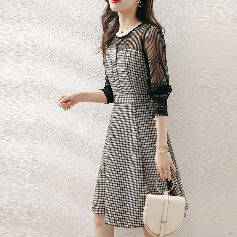 Dress Women's 2021 Spring and Autumn Waist Waist Slimming Plaid A-line Dress