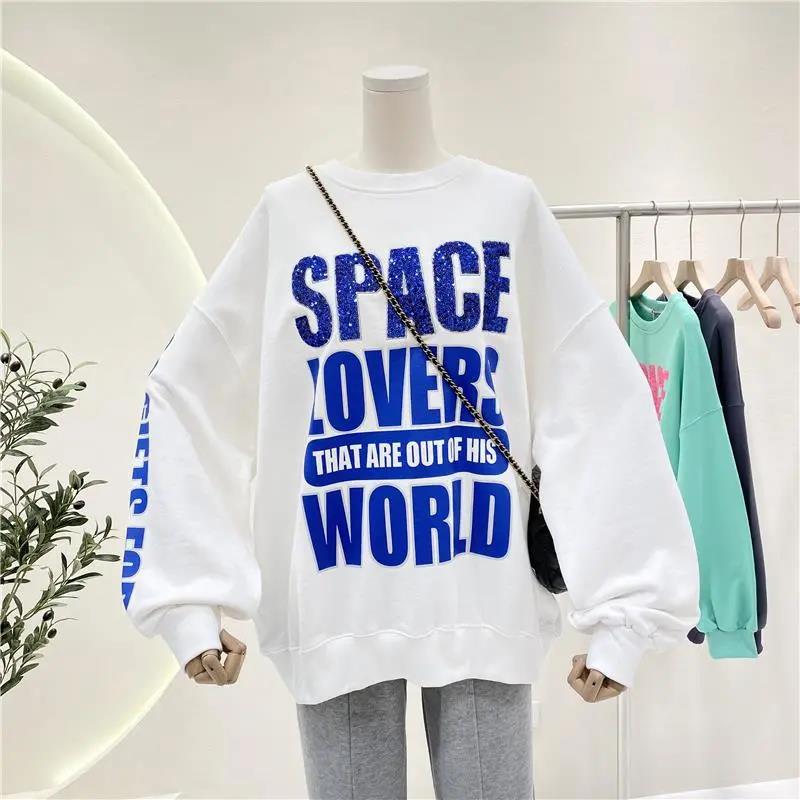 2021 Korean Version of Sequined Letters Loose Sweater Women's Fashion Long-sleeved Round Neck Top