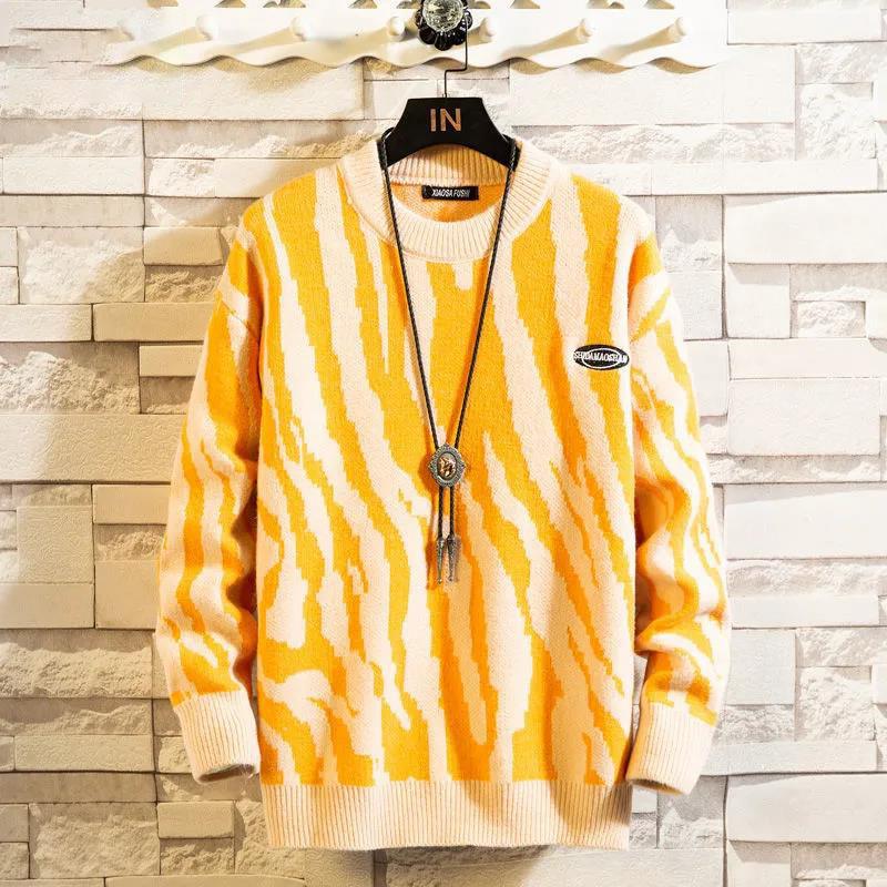 Autumn and Winter Knit Sweater Loose Sweater Zebra Striped Retro Color Matching Sweater Suitable for Students and Young Men