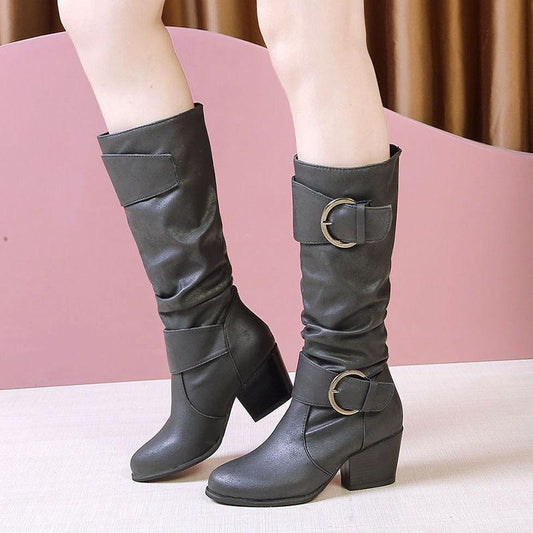Leather Buckle High-heel Knee-High Boots Women's Leather High Boots Thick-heeled Knight Boots Plus Size 35-43 Cowboy Boots