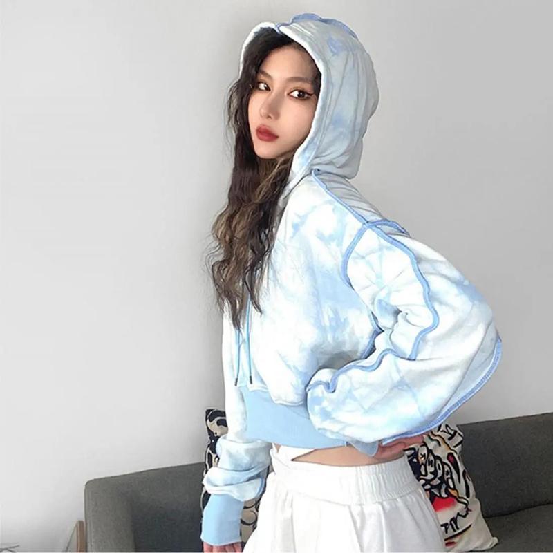Fashion Cropped Hoodies Tie Dye Streetwear Hip Hop Pullover Sweatshirts Spring Autumn Casual Loose Hooded Sports Shirts