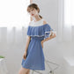 Ladies Off-shoulder Loose Mid-length Dress A-line Version Dress with Waist Slimming Ruffled Sweet and Cute Ladies Off-shoulder Dress