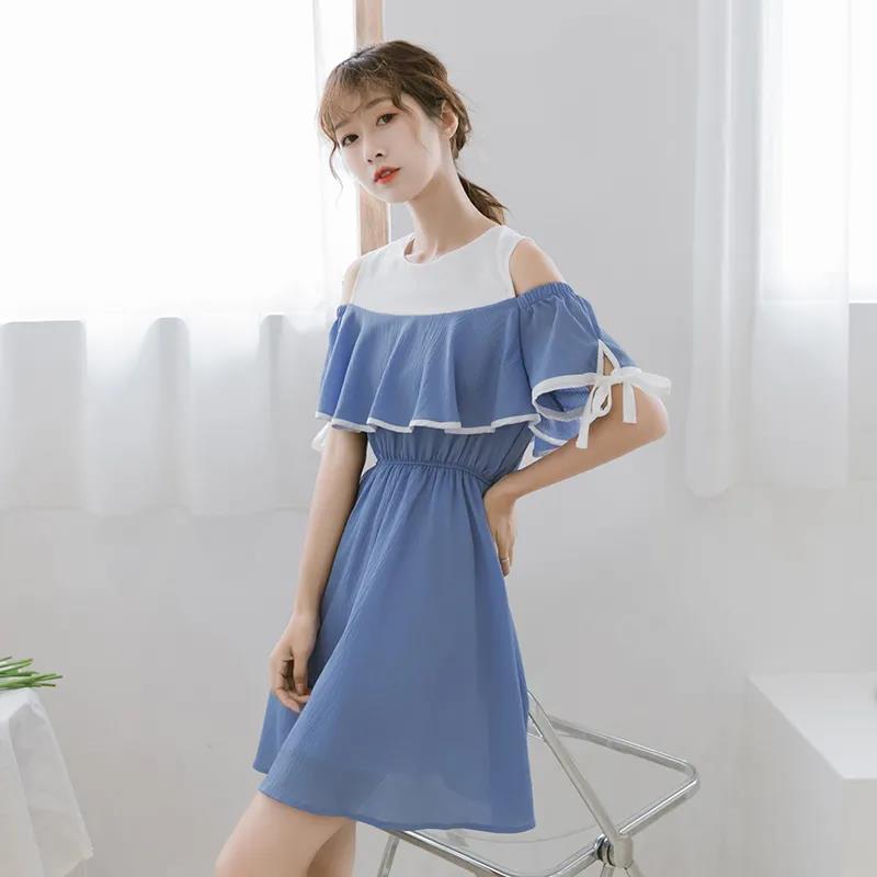 Ladies Off-shoulder Loose Mid-length Dress A-line Version Dress with Waist Slimming Ruffled Sweet and Cute Ladies Off-shoulder Dress