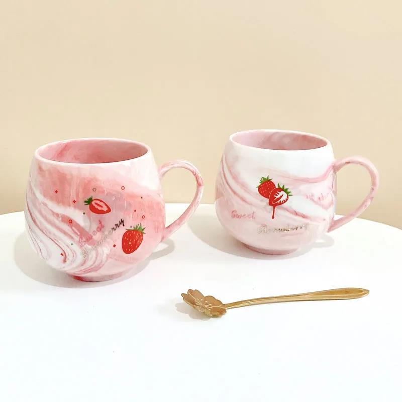 Creative Cartoon Ceramic Cup Female Student Dormitory Water Cup Cute Strawberry Mug Home Milk Breakfast Cup Spoon