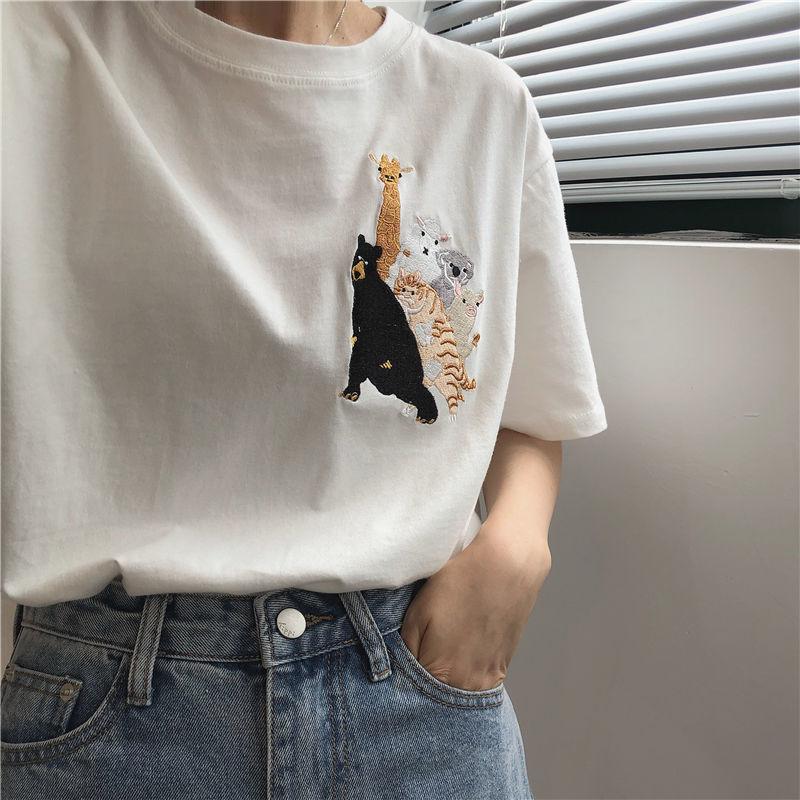 Women Short Sleeve T-shirts Loose Casual Animal Embroidery O-neck Korean Style Fashion All-matchTee