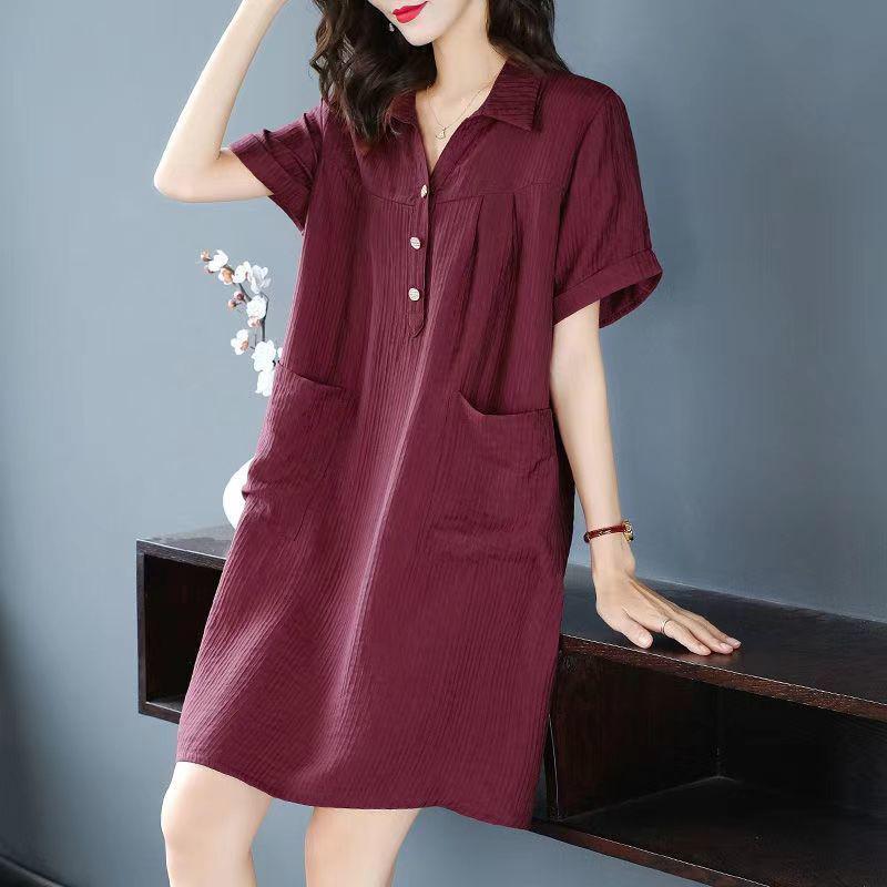 Women T-shirt Dress Loose Turn-down collar Casual Loose Big Pocket Short Sleeve Buttons Dress
