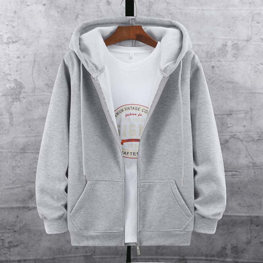 Autumn and Winter Men's Cotton Hooded Sweater Zipper Cardigan Large Size Loose Solid Color Trend Plus Velvet Warm Coat