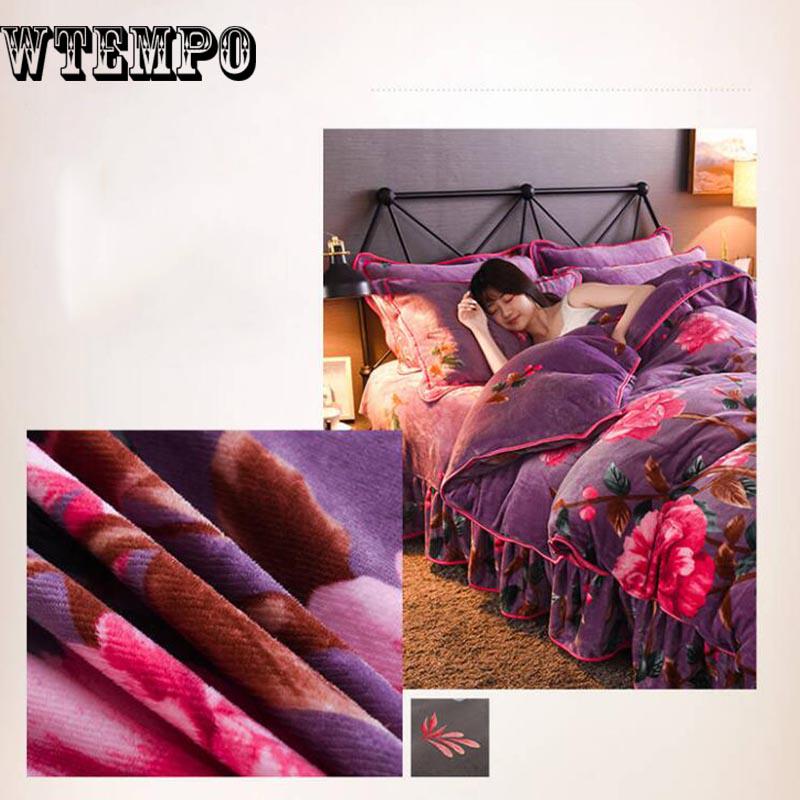 4pcS Soft Floral Print Quilt Duvet Cover  Bed Skirt Wedding Bedspread Full Twin Queen King Size Bed Sheet Mattress Cover Bedsheets