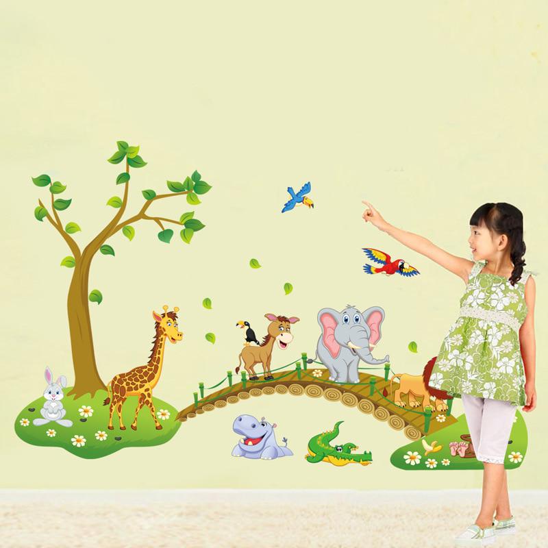 3d Cartoon Wall Stickers Jungle Wild Animal Tree Bridge Lion Giraffe Elephant Birds Flowers For Kids