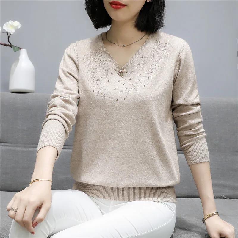 Women's Bow Knot Diamond V-Neck Sweater Solid Color Loose Pullover Long Sleeve Knit Sweater