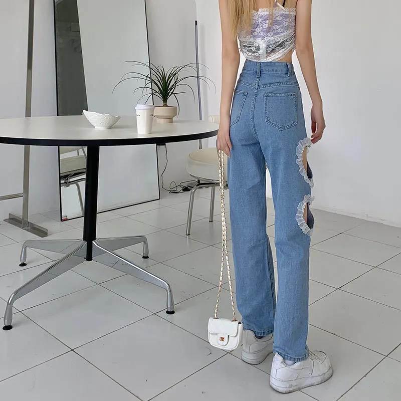 Love Heart Hole Stitching Jeans Loose Wide Leg Pants High Waist Korean Version of Straight Light Pants