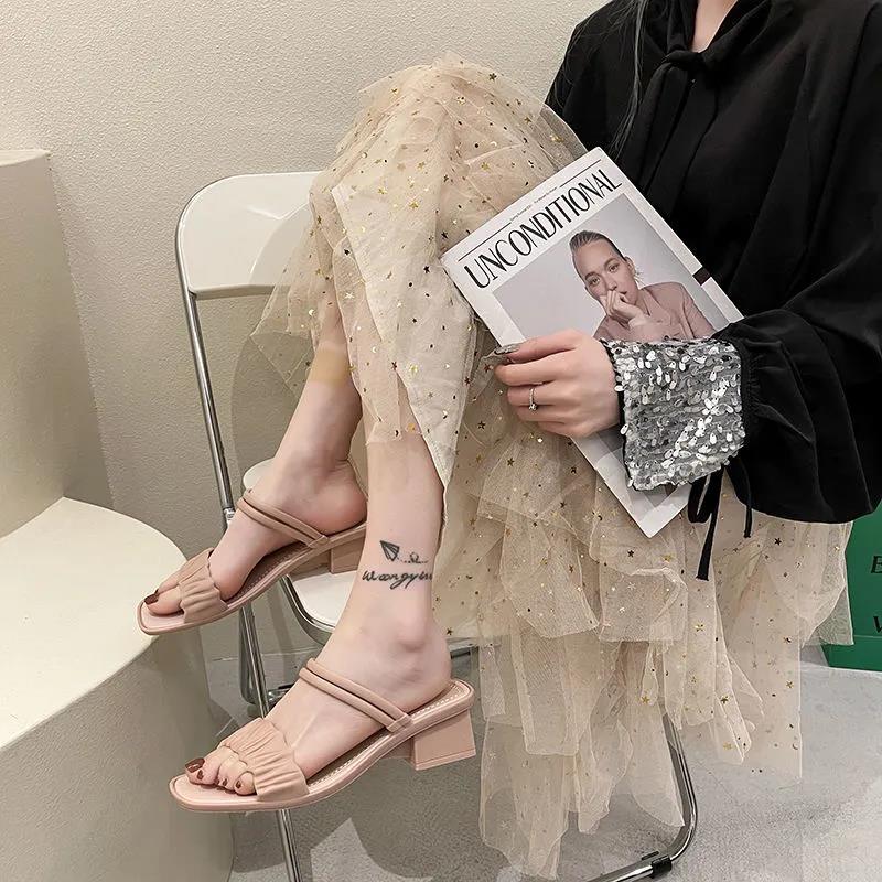 Women's Summer Sandals High Heels Solid Color All-match Non-slip Wear-resistant Shoes