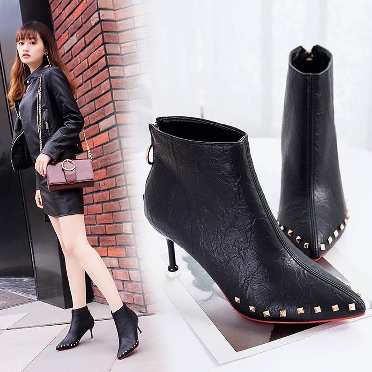 Women Pointed Toe Thin High Heels Ankle Boots Woman Party Shoes Rivets Sexy Booties