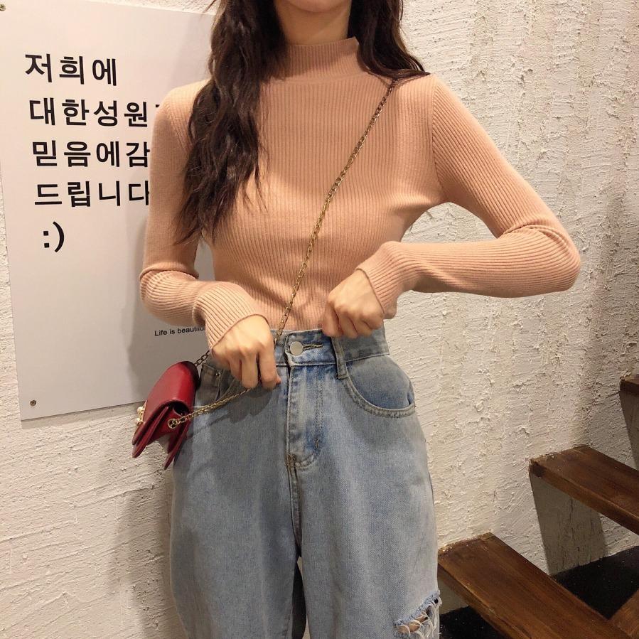 Pofulove 10 Colors Women Knitted Warm Solid Half Turtleneck Loose Sweater Blouse Solid Color Sweater