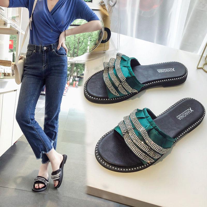 Rhinestone Lotus Leaf Slippers Female Summer Wear 2030 Korean Version of The Wild Word Open Toe Net Red Flat Sandals and Slippers