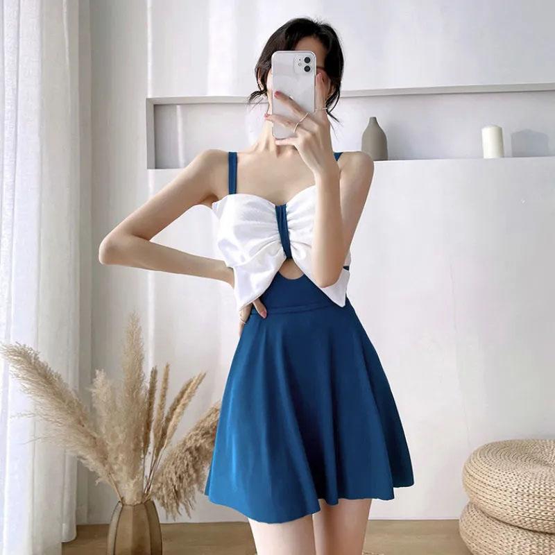 Exquisite Bow Pure Desire Swimsuit Women's Sexy Cover Belly Thin One-piece Student Swimsuit Pleated Ruffled Sleeveless Beachwear