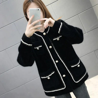 Xiaoxiangfeng Imitation Mink Velvet Thickened Short Coat Women's Spring and Autumn Long-sleeved Round Neck Knitted Cardigan Woolen Top