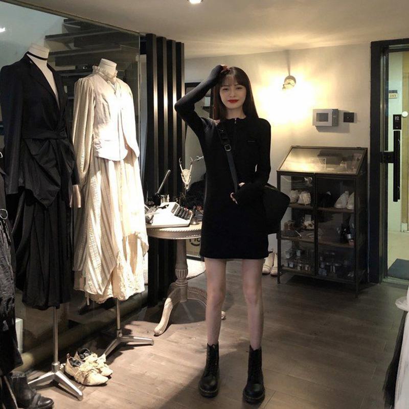 Women's Knitted Dress Spring and Autumn Zipper Long Sleeve Waist Slimming Skirt Hip Skirt Pure Color Cotton Soft and Comfortable