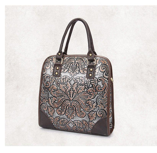 Famous Brand Women Floral Printing Real Cowhide Handbag Genuine Leather Women Bags Vintage Design La