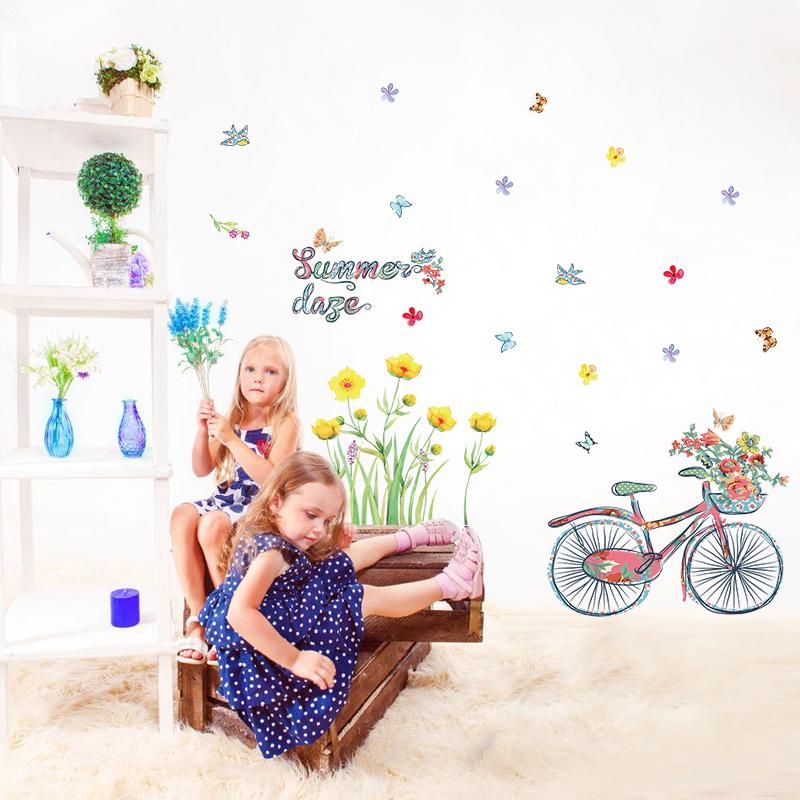 [Wall sticker] cartoon summer bicycle butterfly flowers birds wall stickers for kids rooms bedroom k