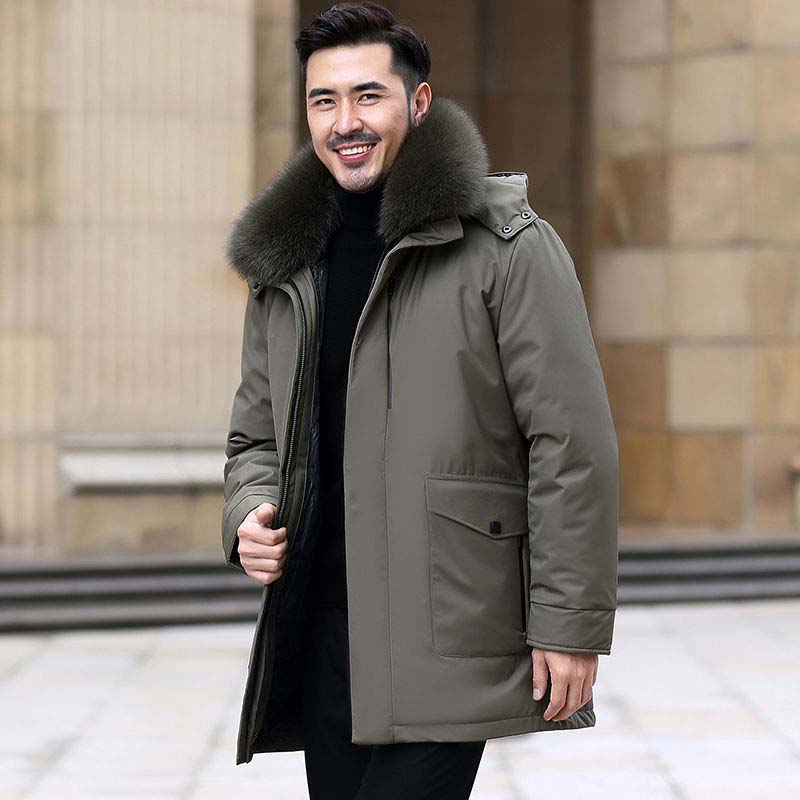 Down Jacket Men's Mid-length Thick Fox Fur Collar Winter Warm Hooded Jacket