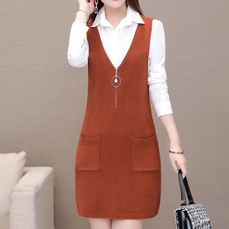 Spring and Autumn All-match Loose Vest Skirt Mid-length Knitted Vest Dress Fashion Solid Color Female Vest Skirt