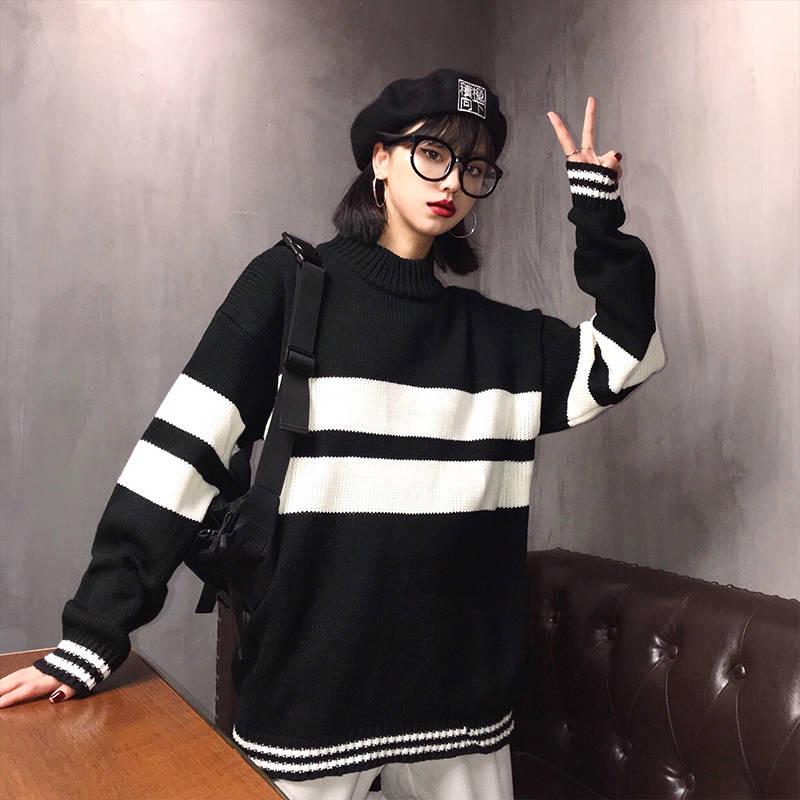 Color Matching Half Turtleneck Female Autumn and Winter Loose Embroidery Thick Knit Coat