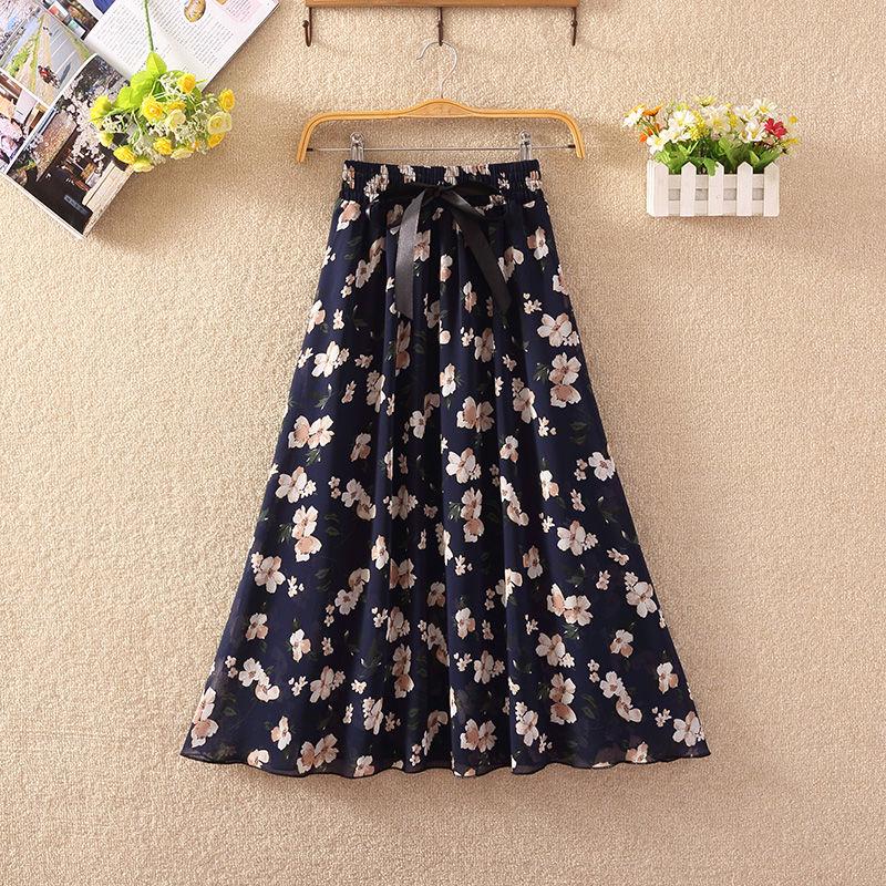 Summer High Waist Chiffon Women Midi Skirts Casual Floral Print Female Skirt Maxi Beach Skirt