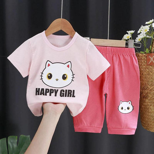 Cartoon Cotton Short-sleeved Suit Summer Children's Half-sleeved Shorts + Round Neck Short-sleeved T-shirt Comfortable Sweat-absorbing and Breathable