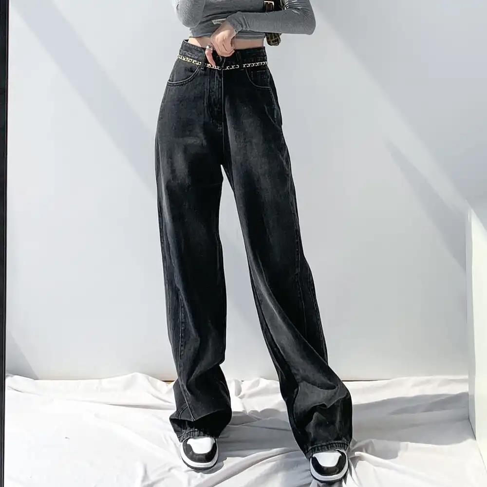 Black Spring and Autumn High Waist Loose Straight Wide Leg Mopping Pants Jeans Women's 2022 New Design Sense Niche