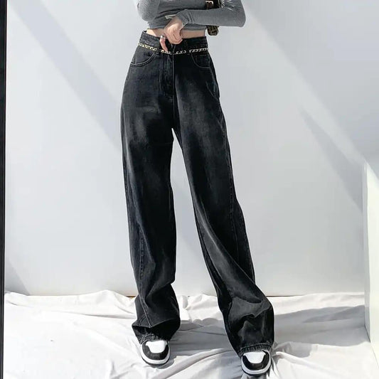 Black Spring and Autumn High Waist Loose Straight Wide Leg Mopping Pants Jeans Women's 2022 New Design Sense Niche