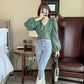 Women's Spring and Autumn Long-sleeved Shirt V-neck Puff Sleeve Short Top