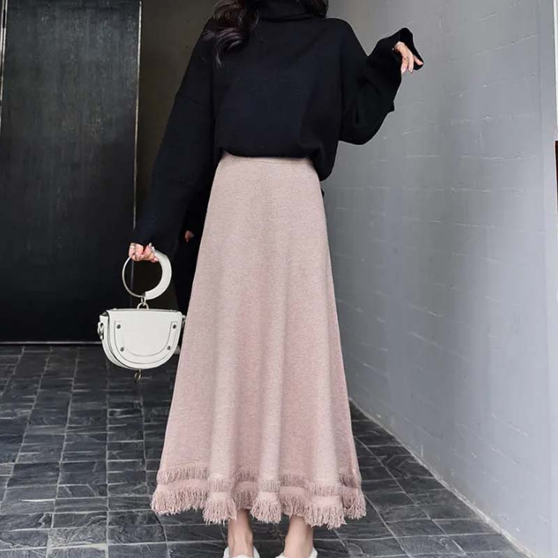 Women's Autumn and Winter Fashion Warm Knitted Skirt Mid-length Woolen Skirt Thick A-line Skirt Long Skirt